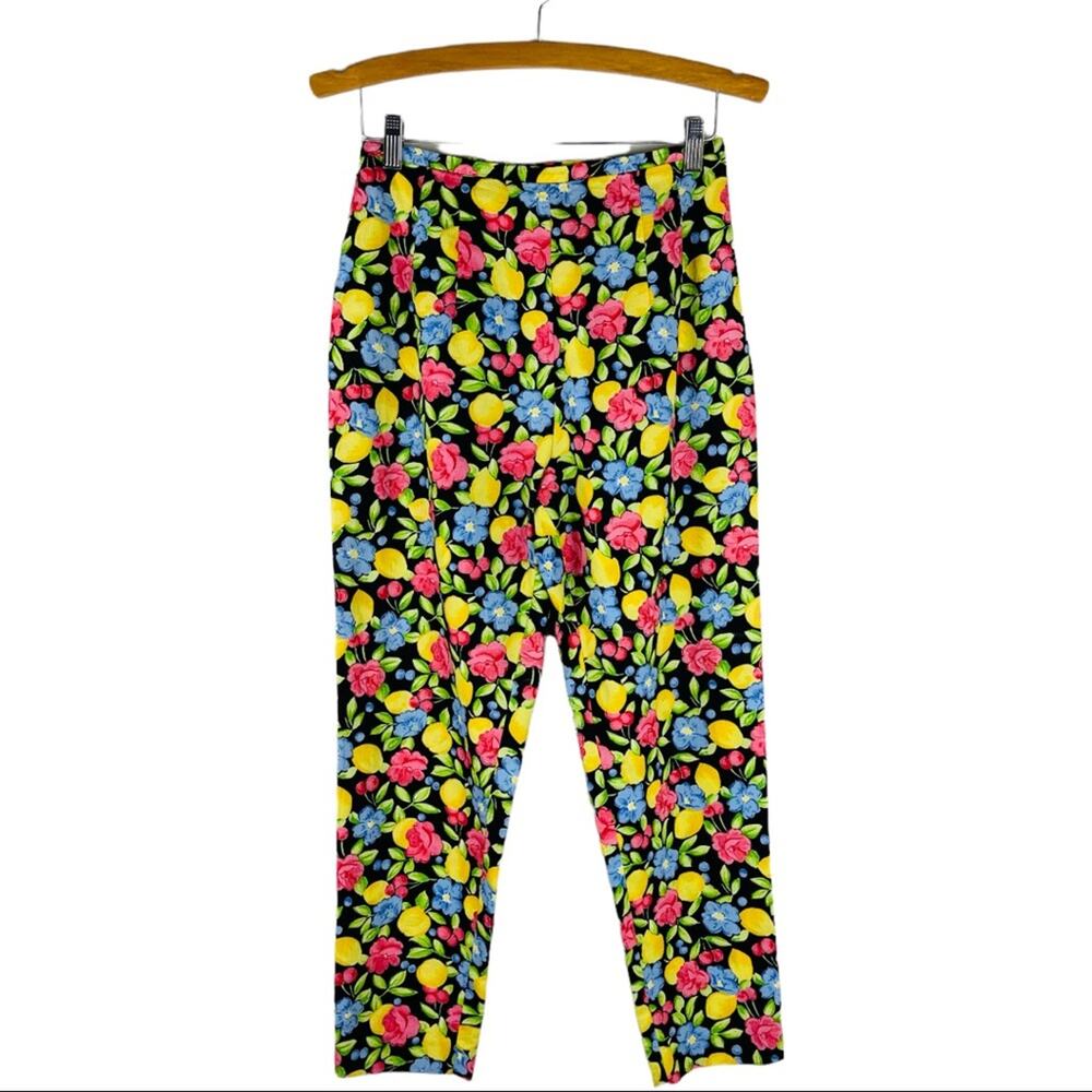 Shelli Segal black yellow fruit lemon cherries high waisted cropped pants 8